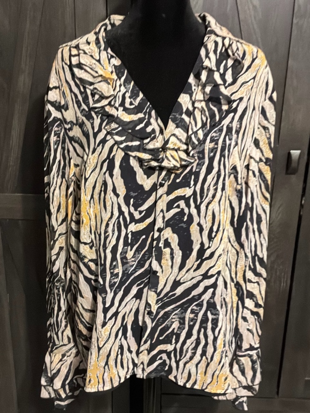 Coldwater Creek Black, Cream & Yellow Zebra-Print Draped Neck Blouse